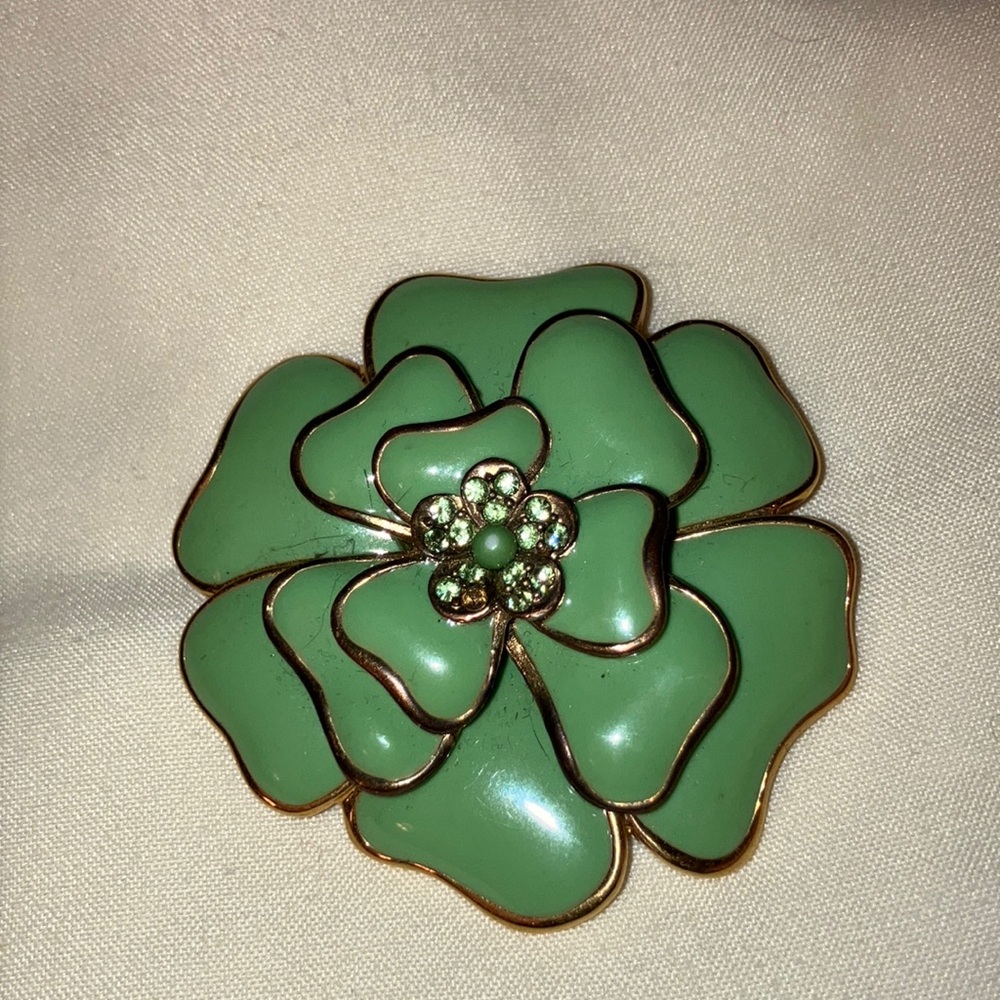 Vintage Green and Gold‎ Floral Metal Brooch with Enamel Petals